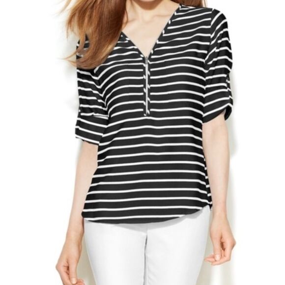 Calvin Klein Black & White Striped Zippered Blouse - Picture 1 of 16